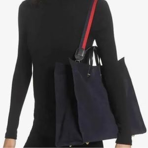 Clare V navy Tote with Red Strap